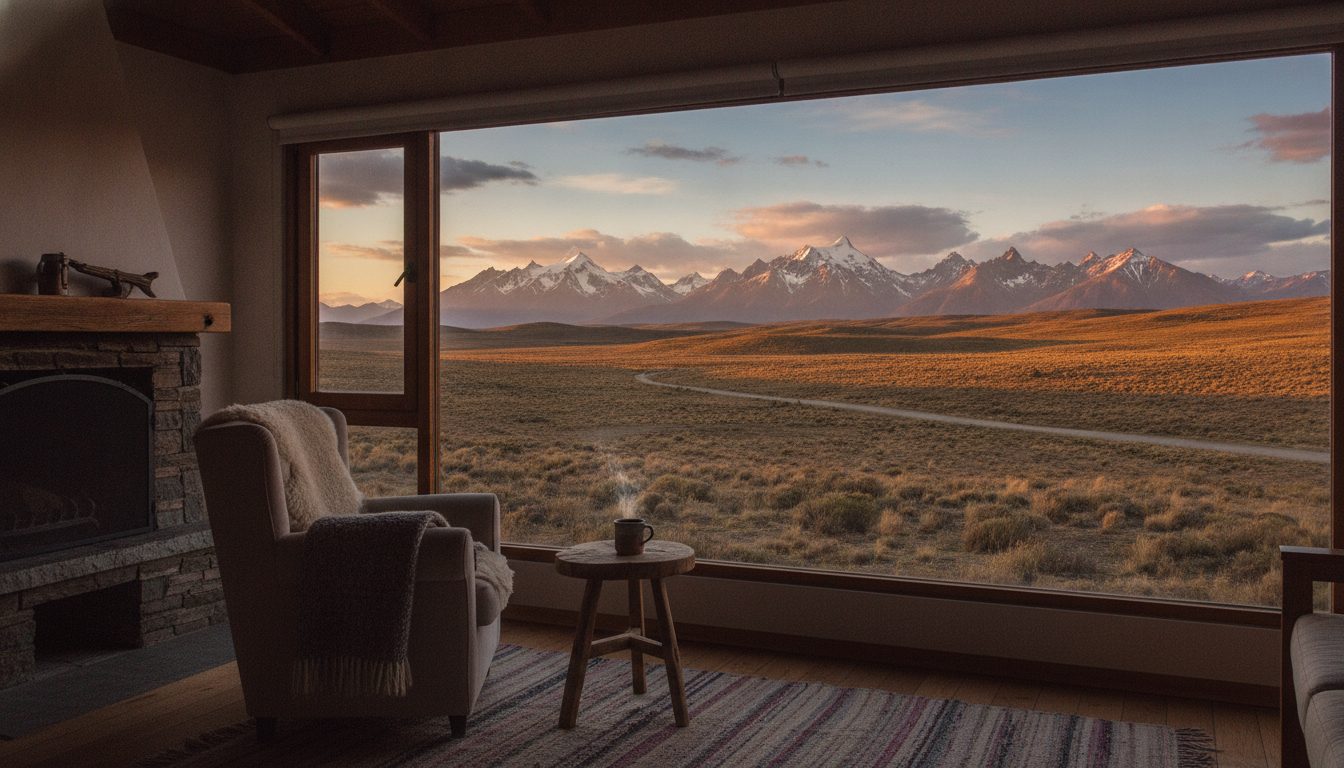 A lodge window looking out over the open Patagonian steppe near El Calafate