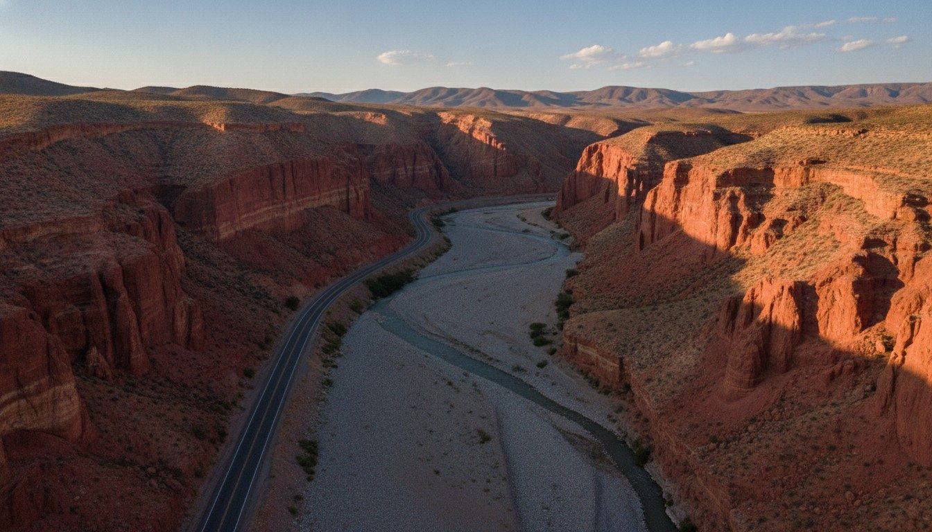 The road through the Quebrada de las Conchas curving between banded red rock walls on the way to Cafayate
