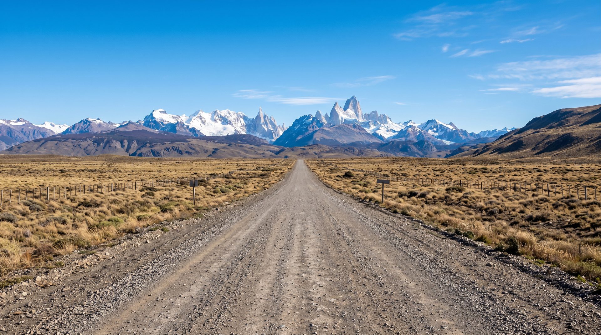 Gravel section of Route 40 crossing the Patagonian steppe toward the Andes