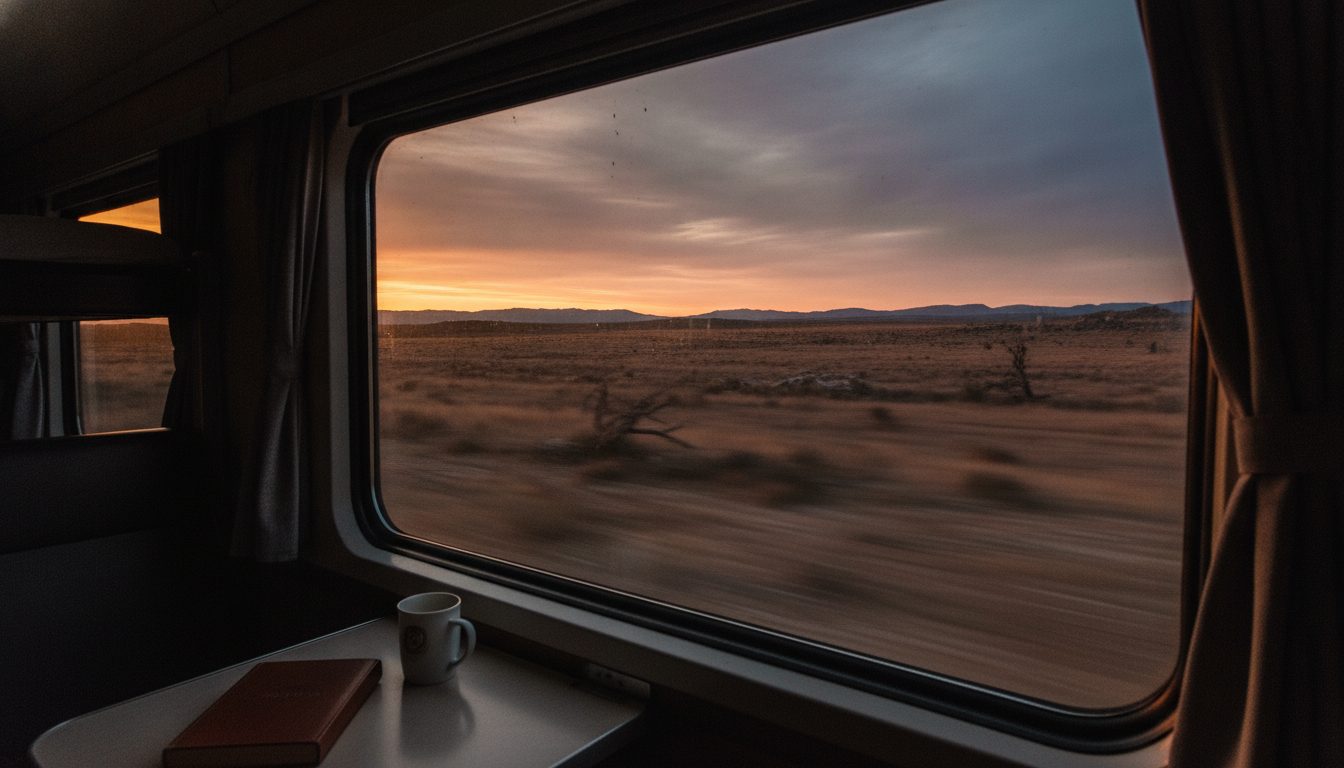 The Patagonian steppe seen from the window of a long-distance sleeper train at dusk