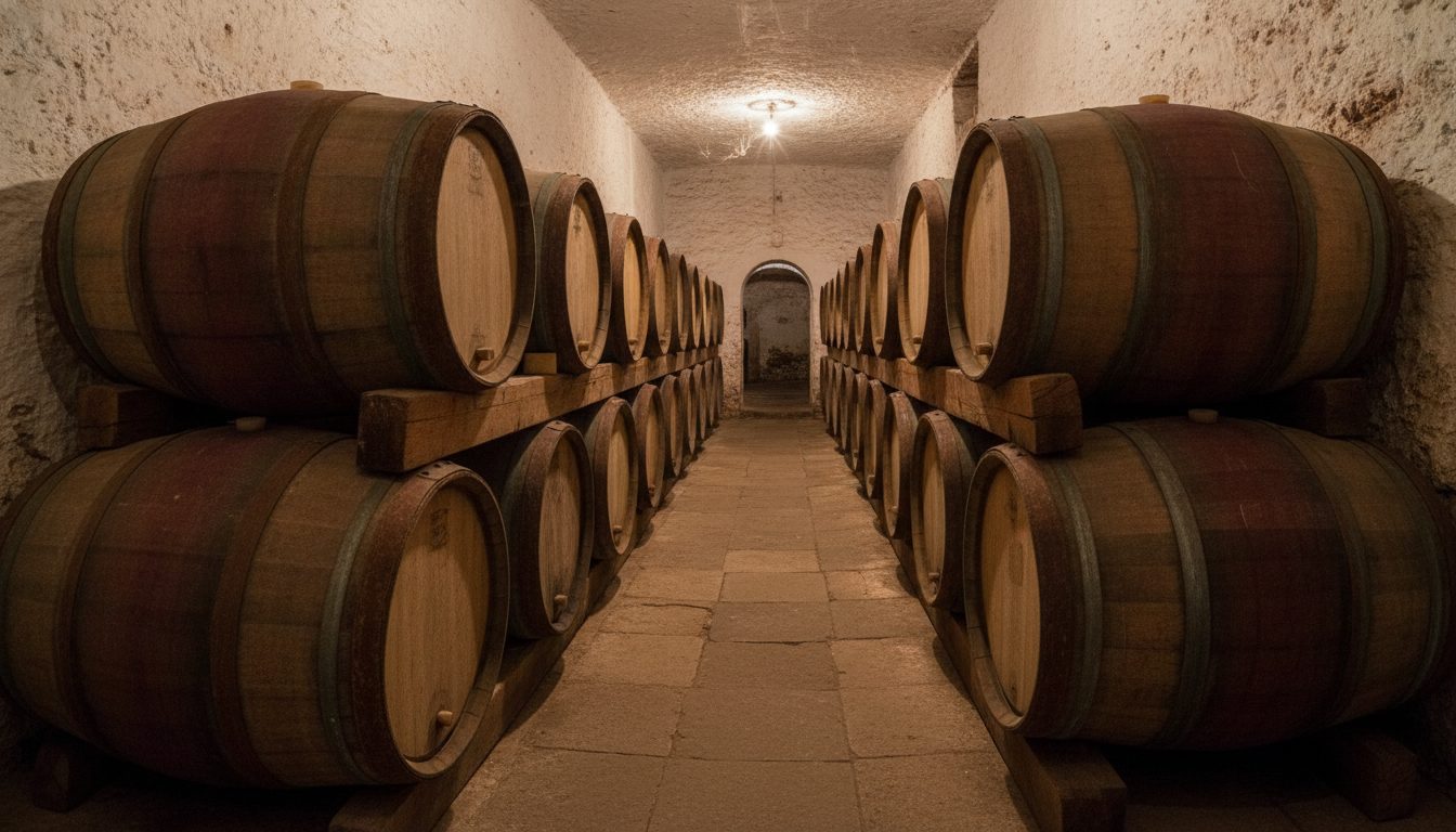 Oak barrels stacked in the dim cellar of a small Argentine winery