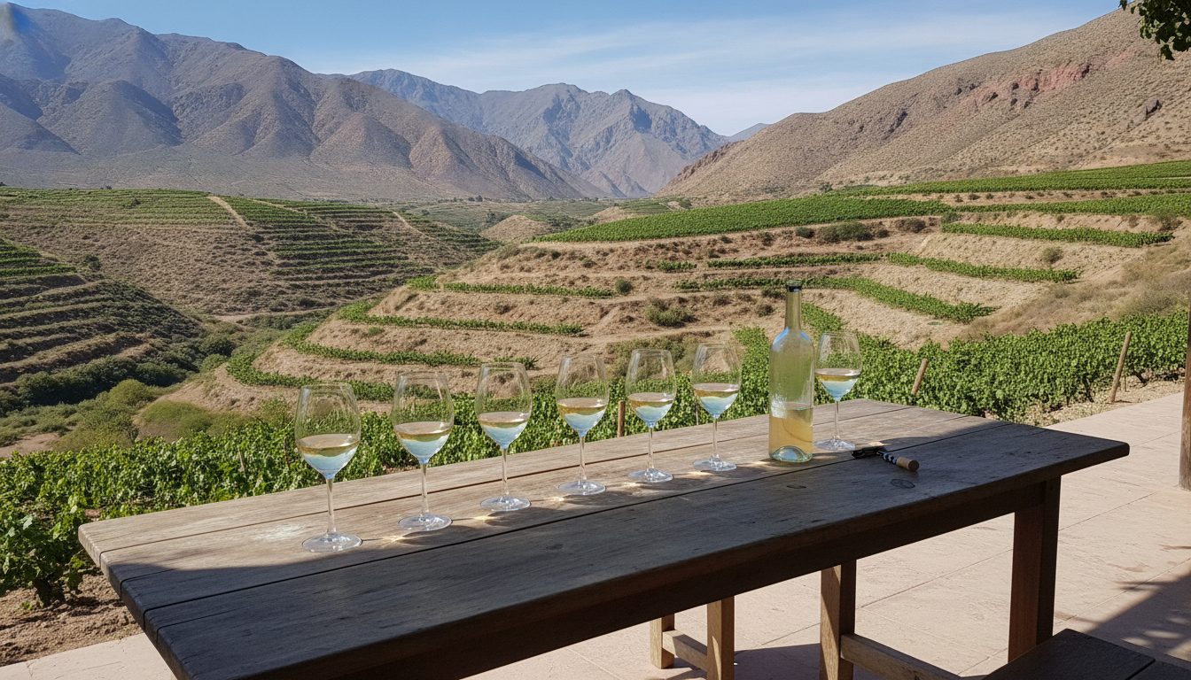 Glasses of white Torrontés poured on a tasting table looking out over a Calchaquí valley vineyard