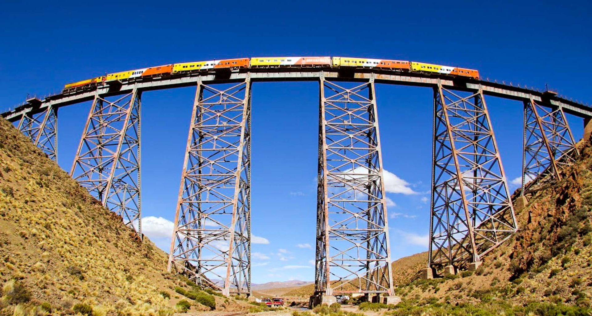 The Train to the Clouds crossing the curved steel La Polvorilla viaduct above the Argentine puna