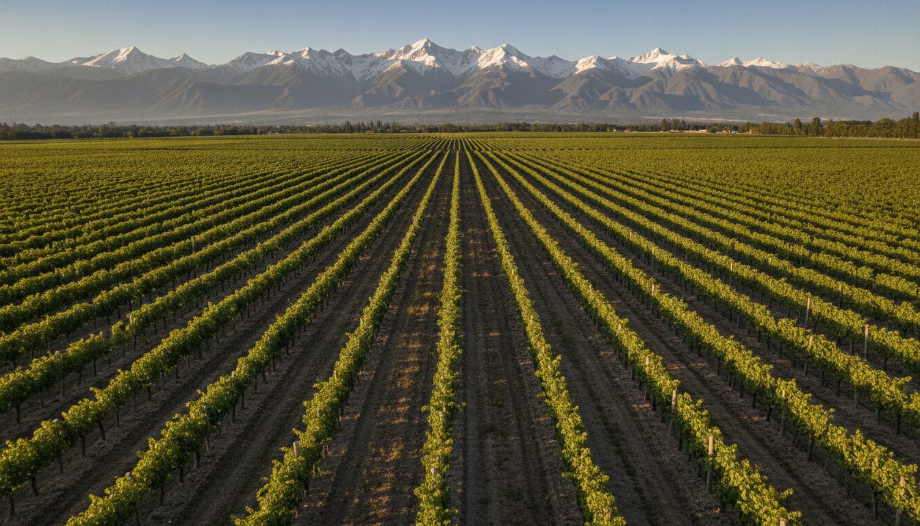 Rows of vines in the Uco Valley with the snow-capped Andes behind them