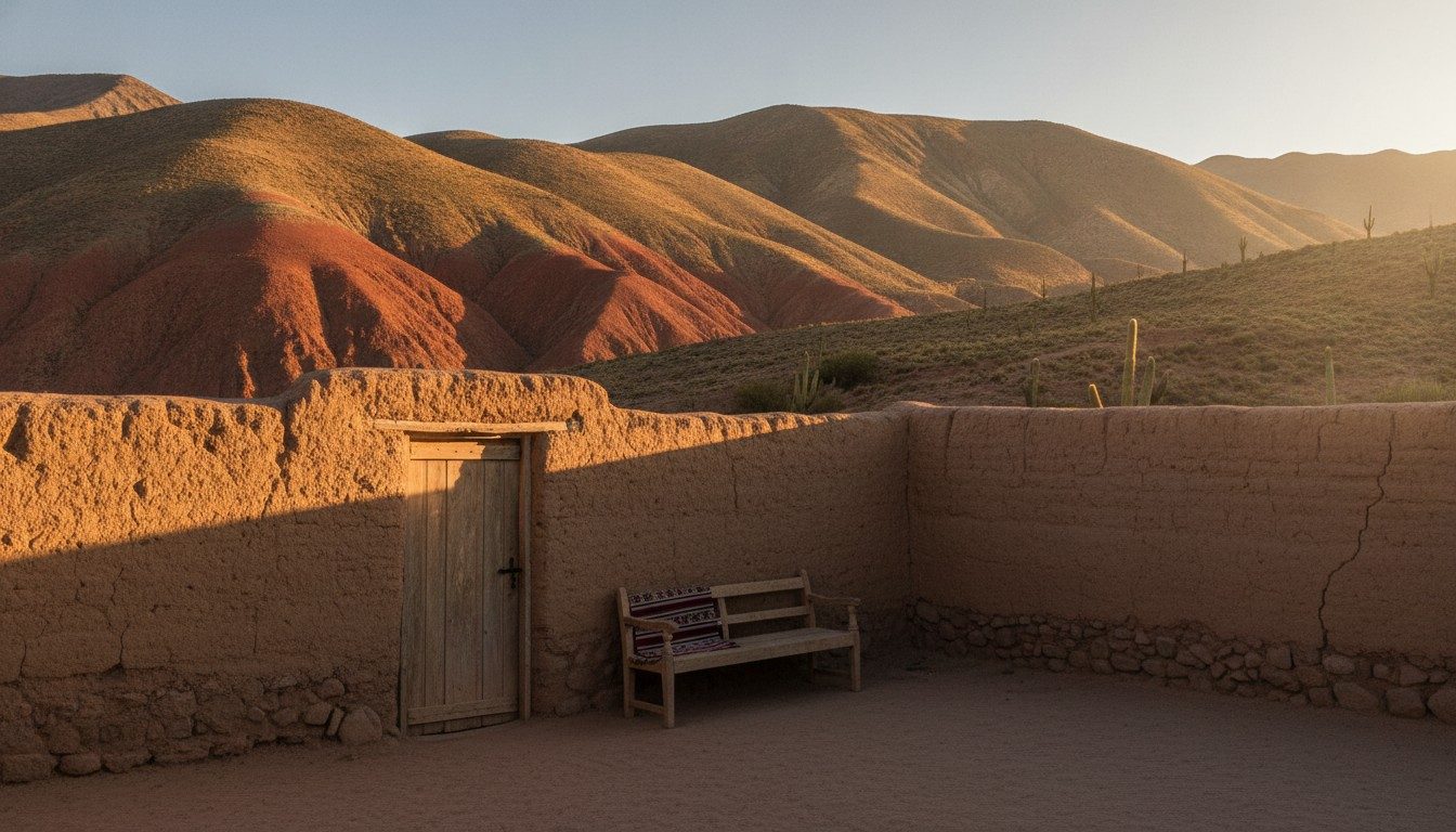 The courtyard of a small adobe guesthouse in the Quebrada de Humahuaca at first light, with banded red hills beyond the wall