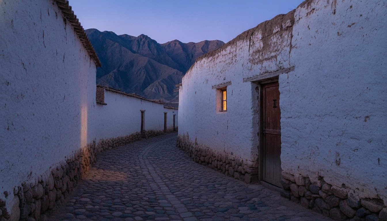A cobbled lane between adobe walls in a small Andean town of the Quebrada de Humahuaca at dusk, with bare mountains beyond