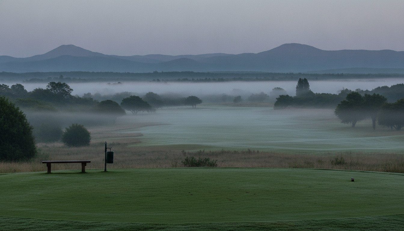 An empty first tee at dawn with a wooden bench and a ball washer, mist lying over the fairway beyond