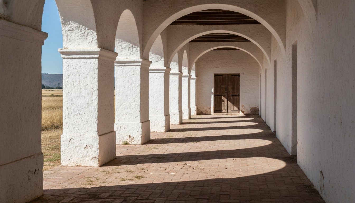 Shadows falling across a whitewashed stone arcade and worn brick floor of an old colonial estate building