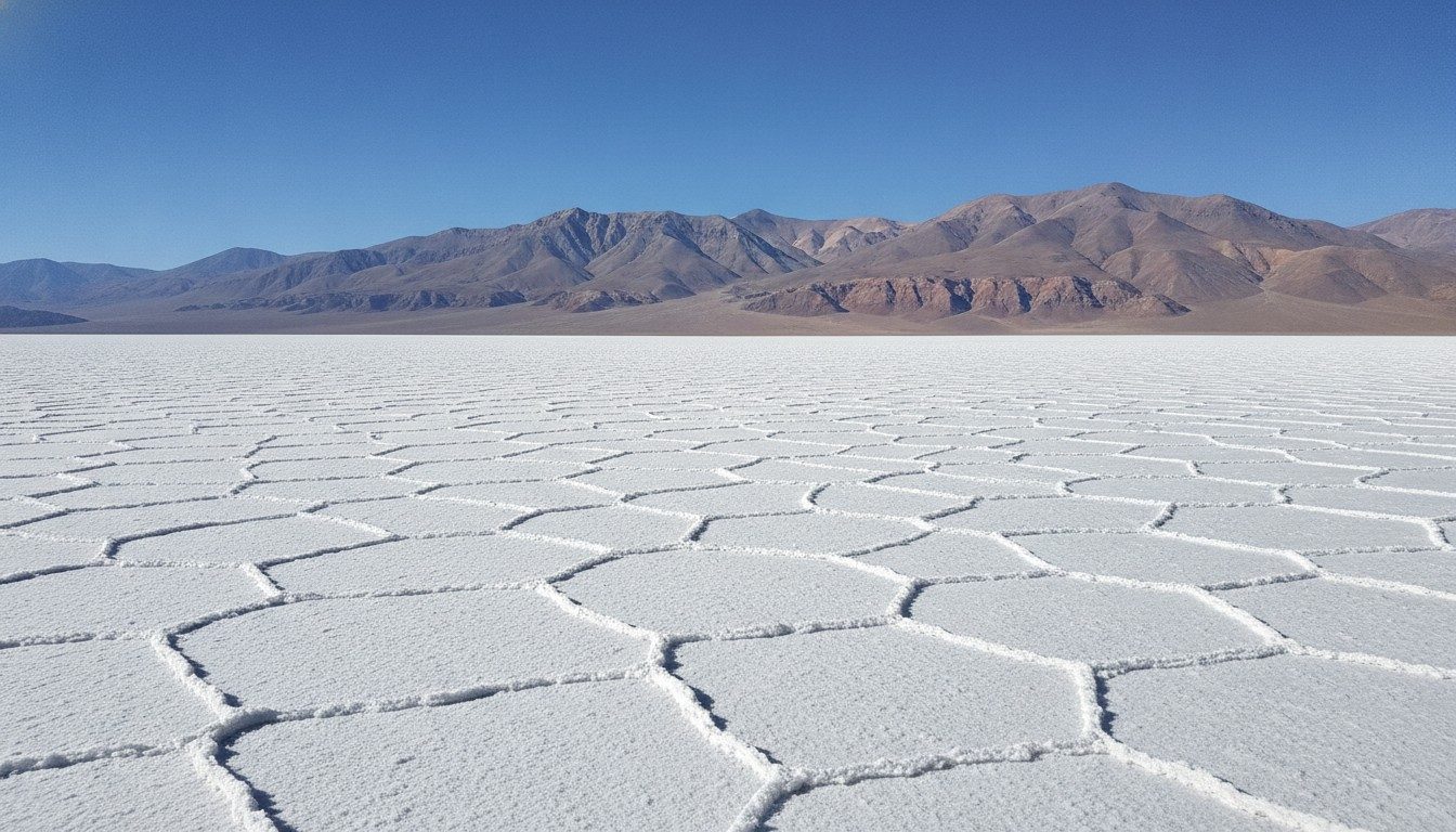 Cracked white salt crust stretching to a low range of dry mountains on the Jujuy altiplano