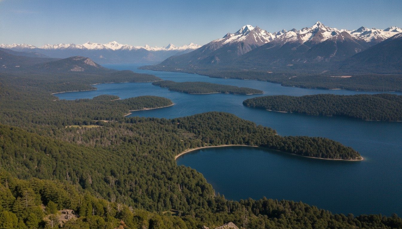 Forested islands and the deep-blue arms of Lake Nahuel Huapi below snow-capped Andean peaks