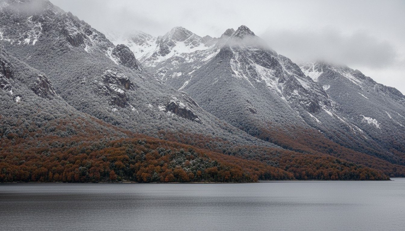 Early snow on forested slopes above a grey Patagonian lake in late autumn, with low cloud on the peaks