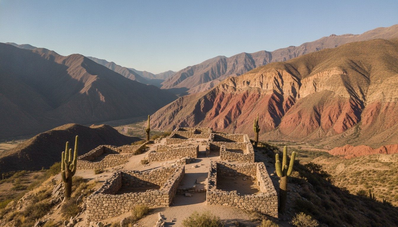 Stone walls of a pre-Hispanic hilltop settlement above the Quebrada de Humahuaca, with columnar cardón cactus on the slope