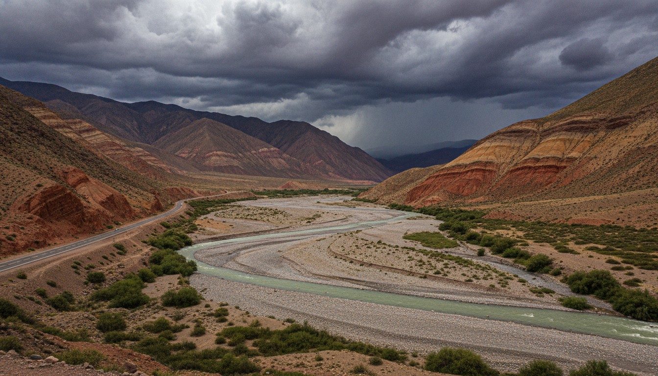 Summer storm clouds building over the Quebrada de Humahuaca, with the braided bed of the Río Grande and the road running north between banded slopes