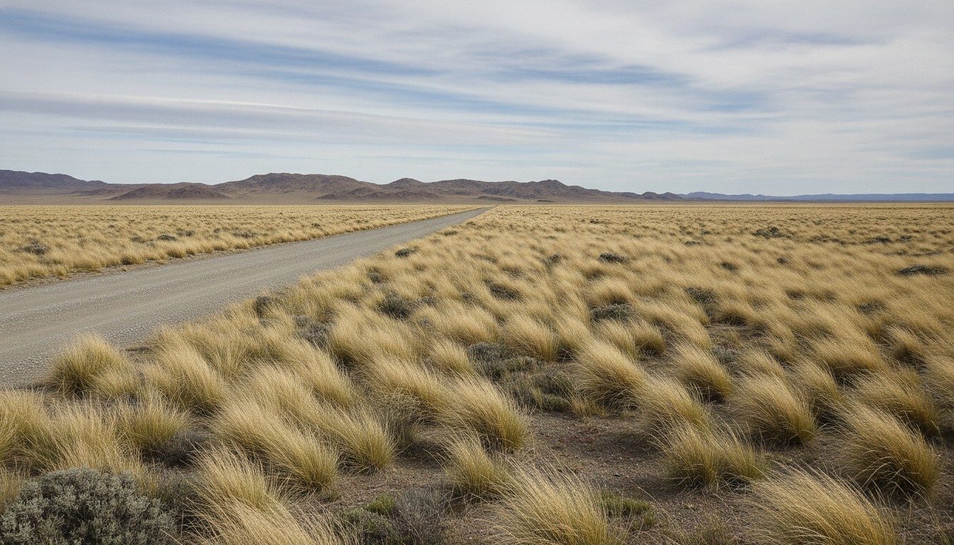 An empty gravel road running straight across open Patagonian steppe toward distant low hills
