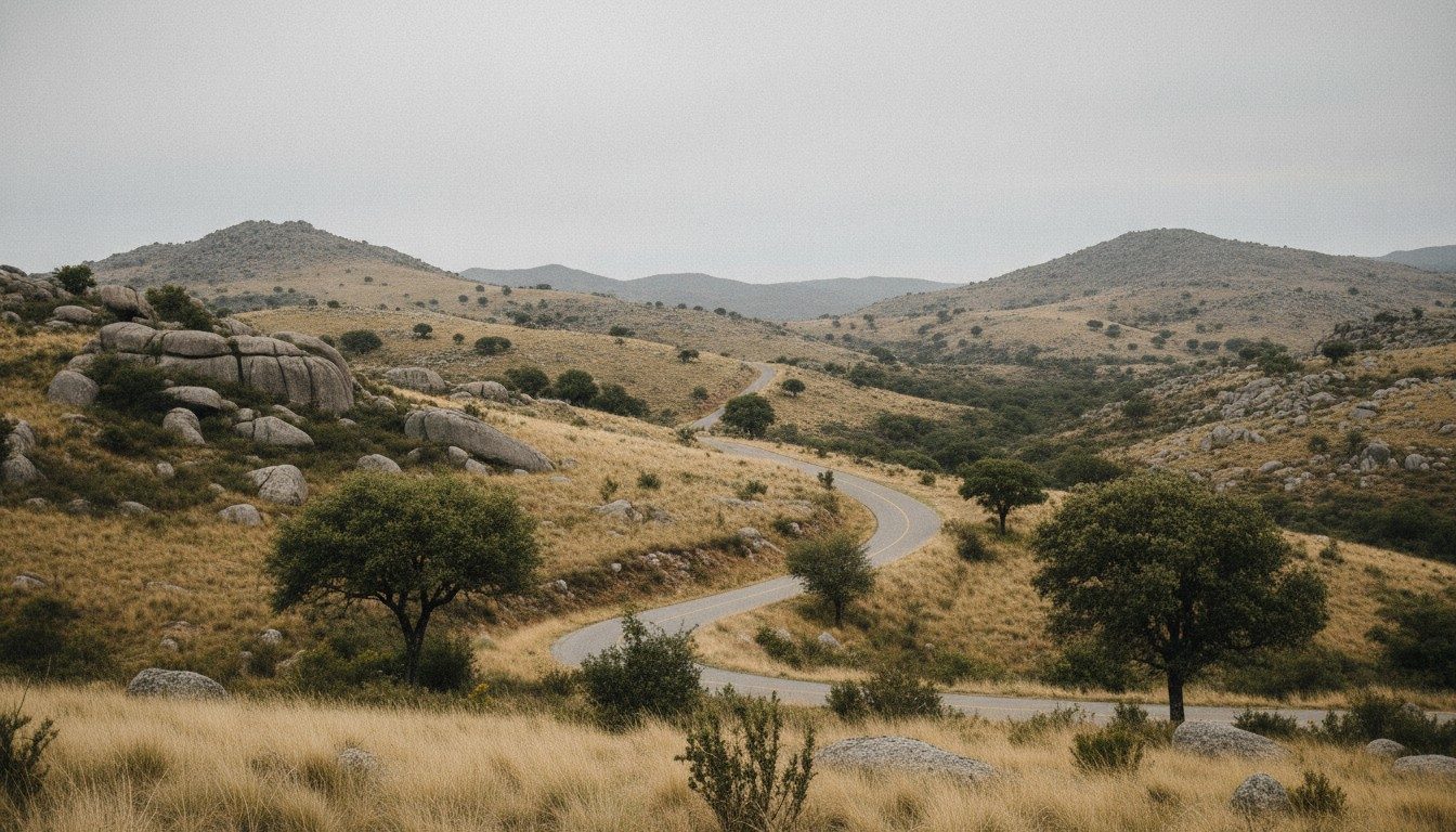 A narrow paved road curving through the low granite hills and dry pale grass of the Sierras de Córdoba under a high overcast sky