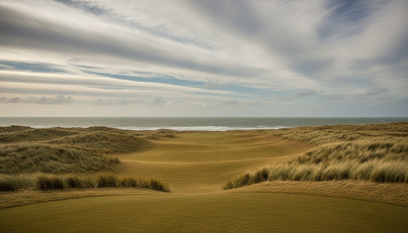 A windswept links-style fairway running toward the sea under a wide southern sky
