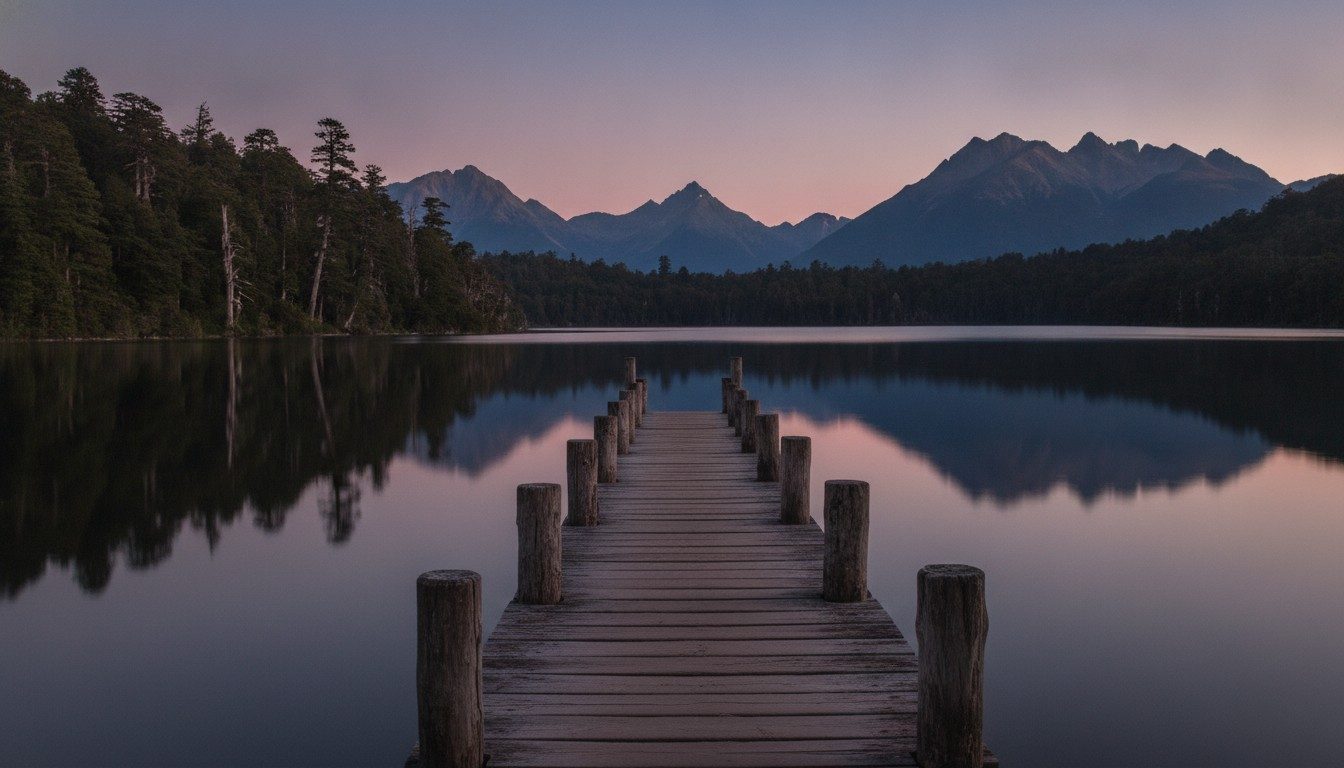 A wooden jetty running out into a still Patagonian lake at dusk, with dark forest down to the waterline