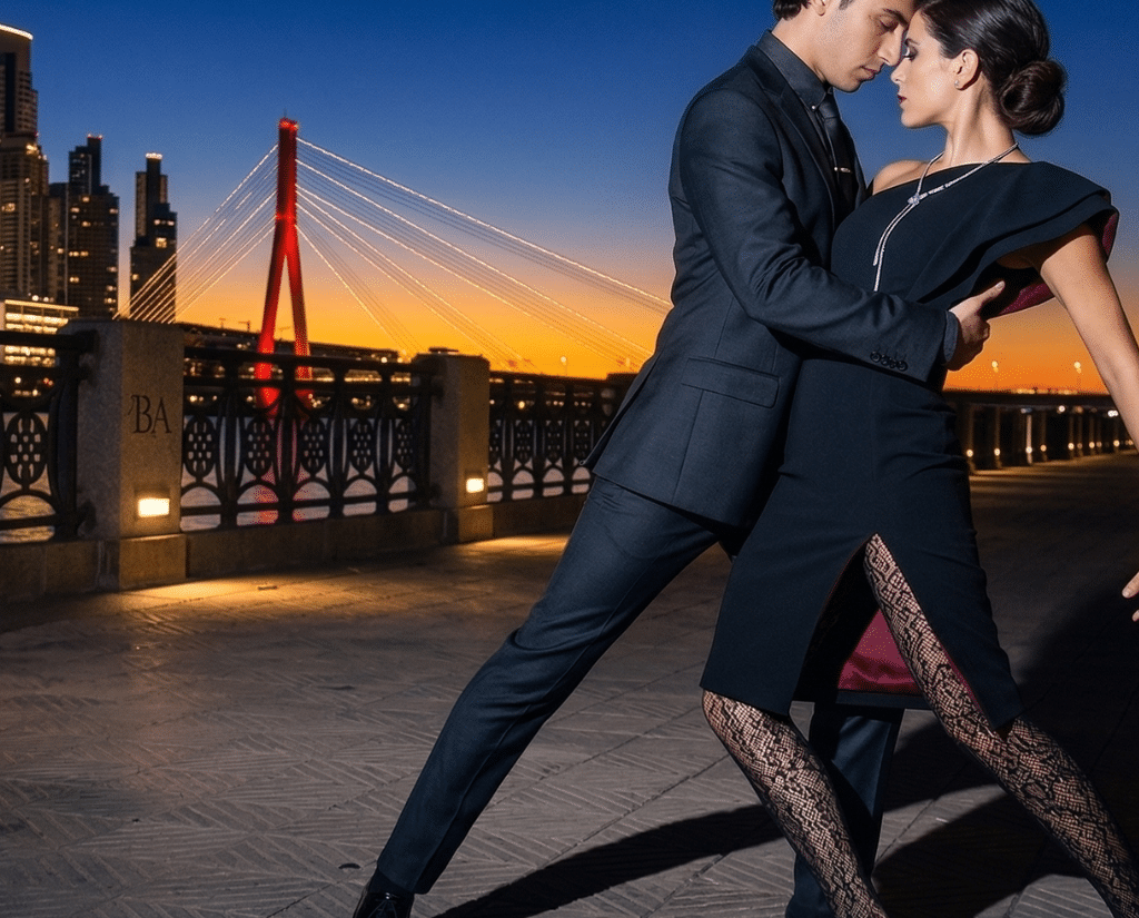 A man and woman in elegant black outfits dance passionately on a riverside promenade at sunset, with a modern suspension bridge and city skyline in the background—capturing the spirit of South America travel.