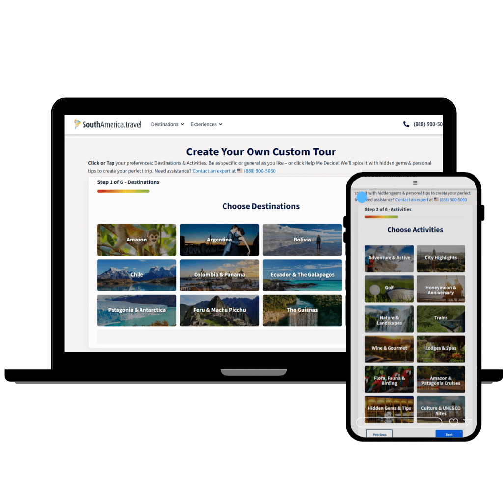 A laptop and smartphone display a travel website featuring custom planning services, with options to choose destinations and activities in South America, including images of locations like Amazon, Patagonia, and Machu Picchu.