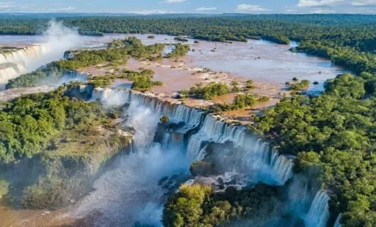 Aerial view over beautiful Iguazu Falls