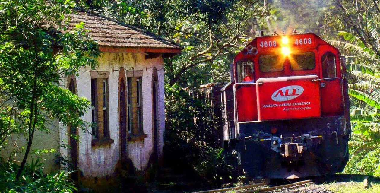 train in rainforest passing building