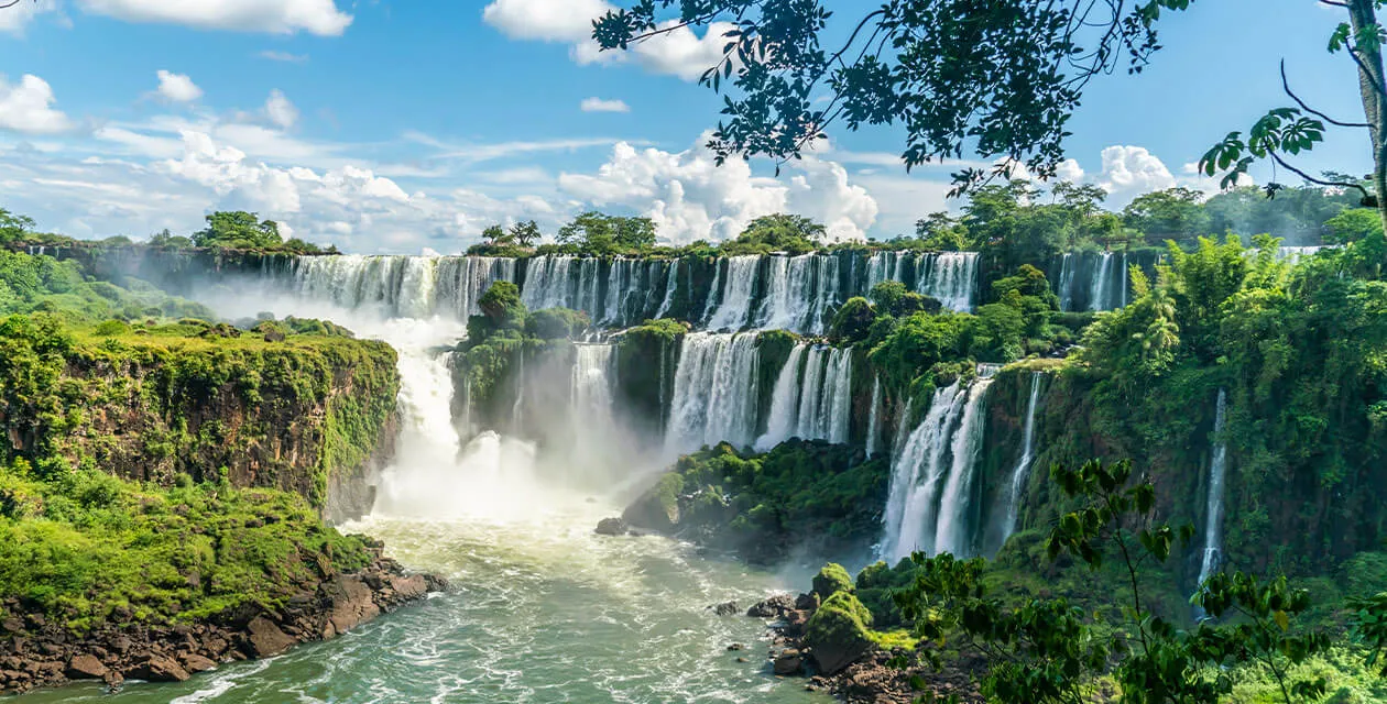 Iguazu Falls from side, overlooking the many falls