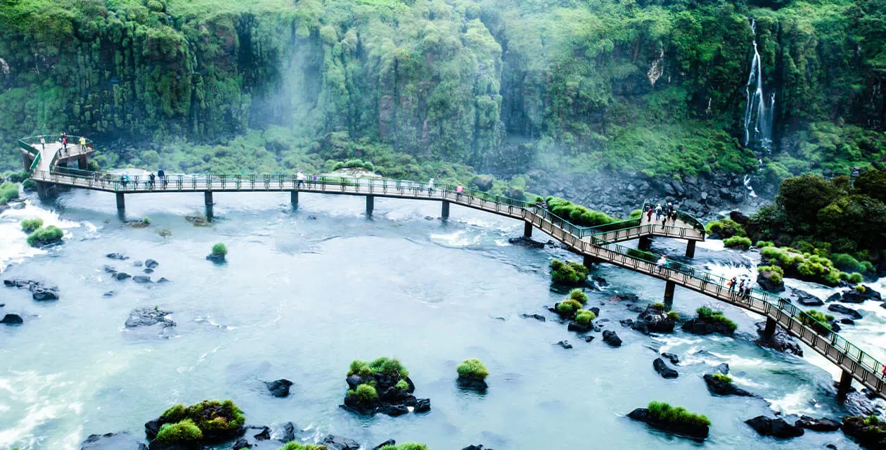 aerial over the boardwalk with people on falls