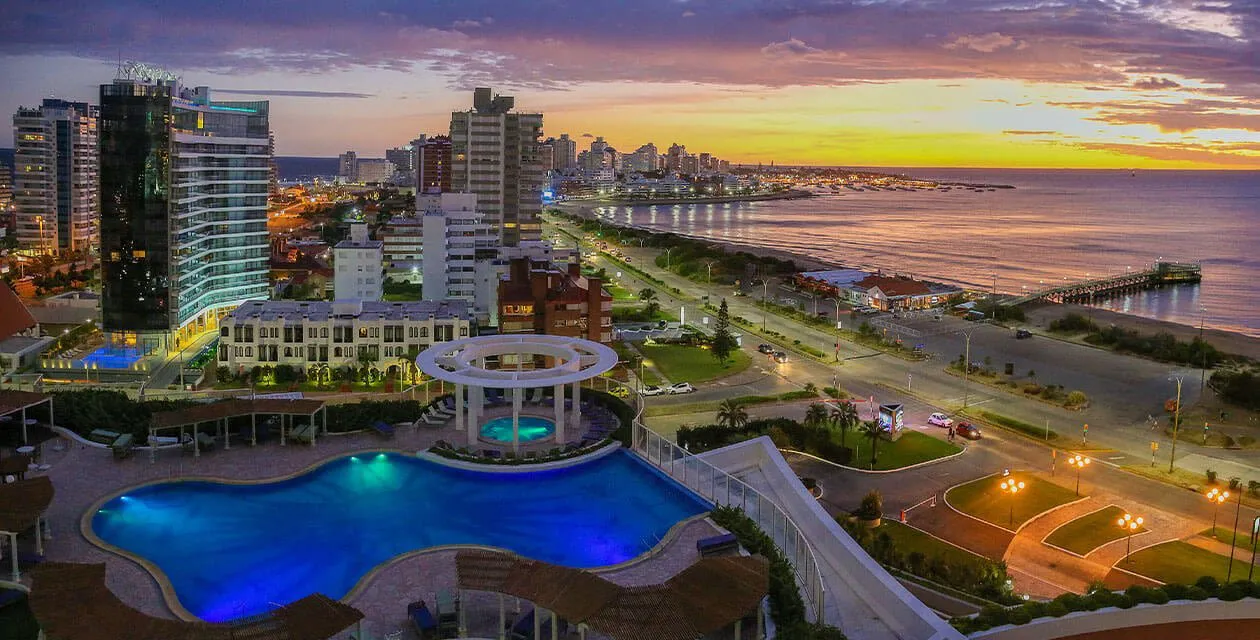 aerial over punta and waterfront during sunset