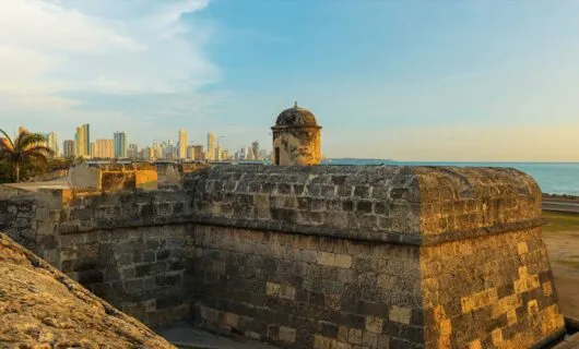 View of colonial fort and city in background in Cartagena