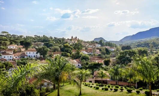 Aerial view over town center of Tiradentes and surrounding hills