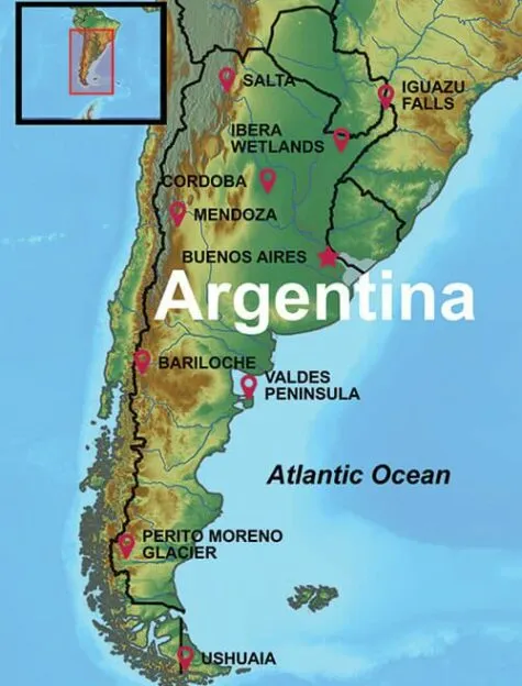 map of cities and destinations on an Argentina tour