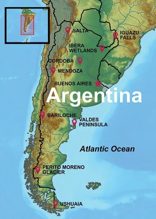 Map of South America, Benenos Aires Tours are in North Central Argentina