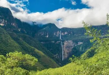 View of the Gocta Falls near the Kuelap ruins in northern Peru