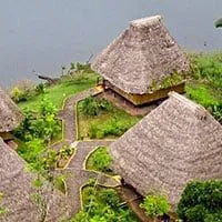 Aerial view over Napo Lodge rooms and lake