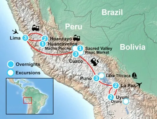 Peru and Bolivia Train Tour Itinerary Map