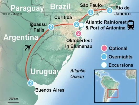 Map of the Tango, Samba and Waterfalls Tour