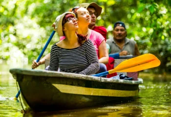 Group of travelers on boat on the Amazon