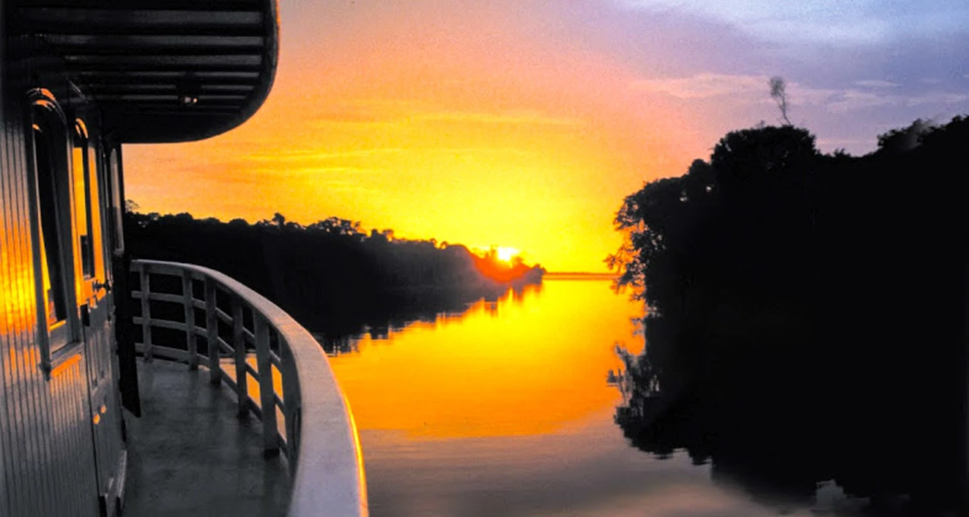 Sunset over deck of Amazon river cruise ship