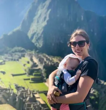 Mom and daughter at Machu Picchu on a sunny day