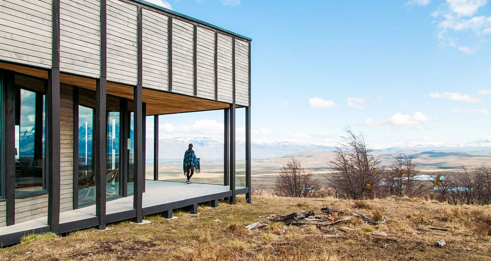 Exterior of Awasi Patagonia Lodge in morning