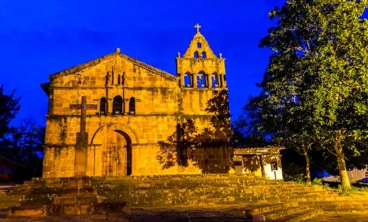 Church in Barichara, Colombia at night
