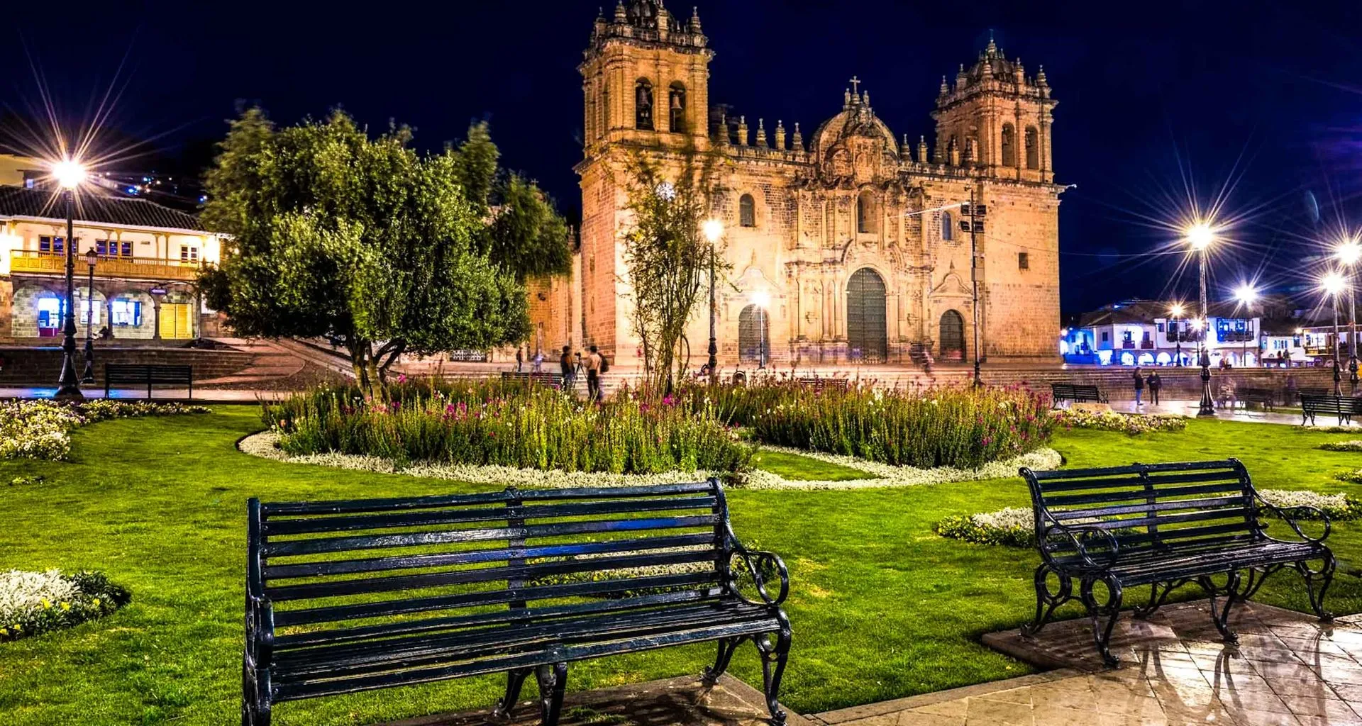 Benches in front of Peru monastery at night