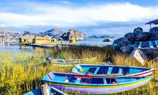 Boats rest in tall grass of water