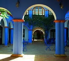 blue, unique exterior of the hotel