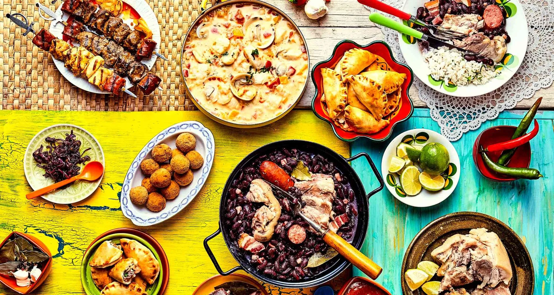 Top down view of Brazilian food dishes
