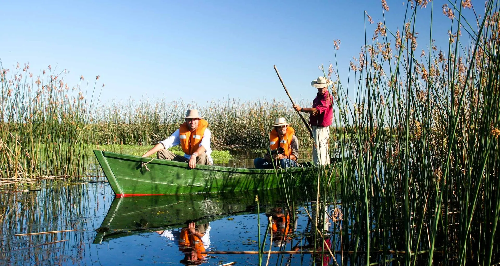 Travelers enjoy canoe ride through tall reeds