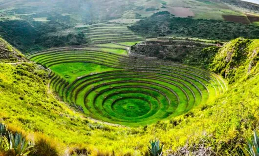 Aerial view of concentric circles of Chinchero Inca ruins