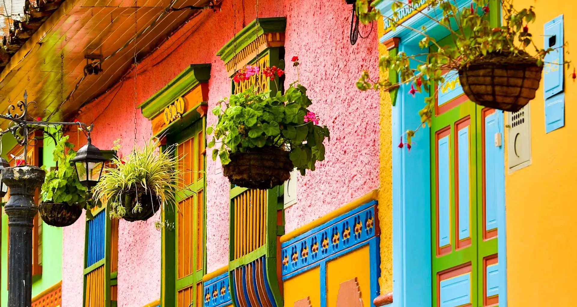 Hanging plants outside of colorful Colombia houses