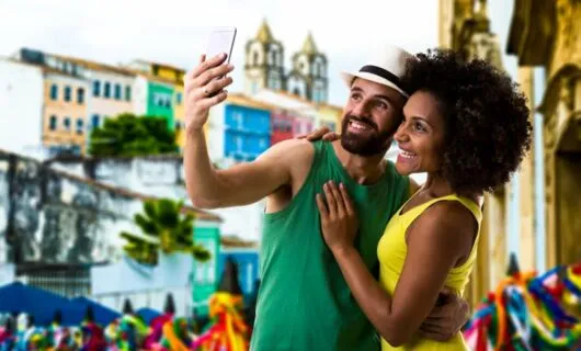 Couple takes selfie on Brazil street