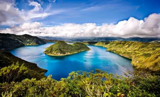 Aerial view of Cuicocha Caldera and lake